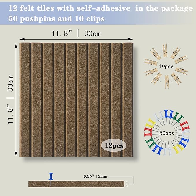 Large Cork Board Alternative-12 Pcs Self-Adhesive Felt Bulletin Board Tiles, Felt Pin Board Cork Board Tiles for Home Office Wall Decor, Tack Board 47"x35" (Dark Brown
