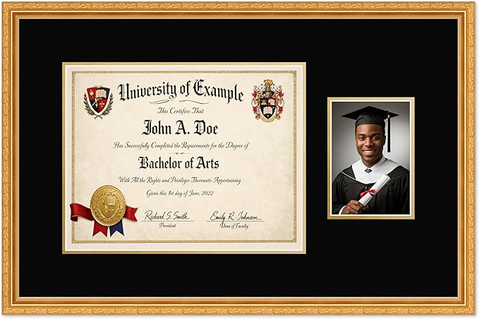 CountryArtHouse Fits 14 x 11 College Diploma (Modern) and 5 x 7 Photo Diploma and Photo Frame Museum Gold Genuine Hardwood with Black Over Metallic Gold Double mat