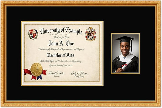 CountryArtHouse Fits 14 x 11 College Diploma (Modern) and 5 x 7 Photo Diploma and Photo Frame Museum Gold Genuine Hardwood with Black Over Metallic Gold Double mat