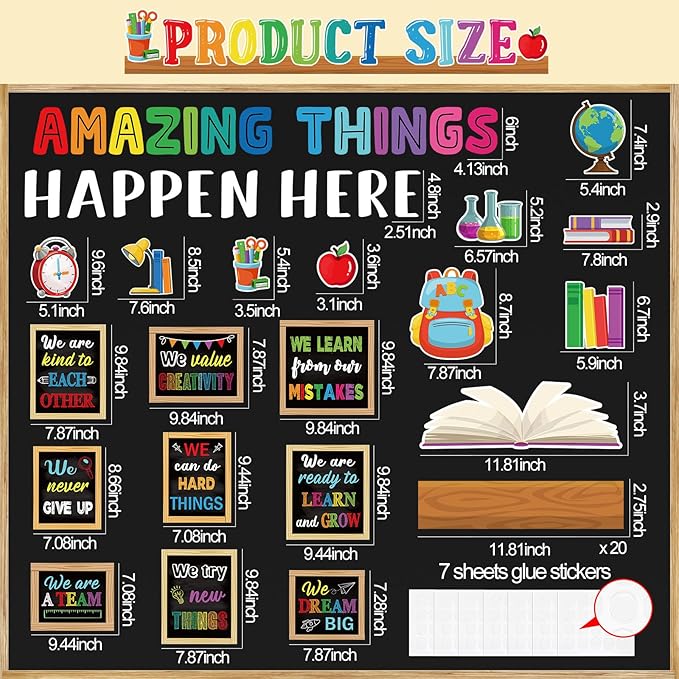 Qilery Bookshelf Bulletin Board Set, Amazing Things Happen Here Colorful Chalkboard Cutouts, Growth Mindset Inspirational Classroom Decor Posters, Back to School Elementary Teacher Supplies