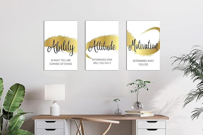 3 Piece Office Canvas Wall Art, Gold Motivational Quotes Canvas Print Pictures Wall Decor for Office, Men Women Inspirational Framed Artwork Home Office Decor 12"x18" x 3 Pcs