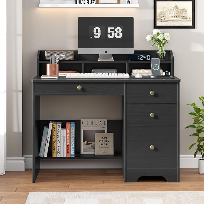 TTVIEW Computer Desk with Drawers and Hutch Shelf, Wood Executive Desk Writing Study Table with 43” Wide Tabletop, Small Desk with File Drawer for Home Office Bedroom, Black