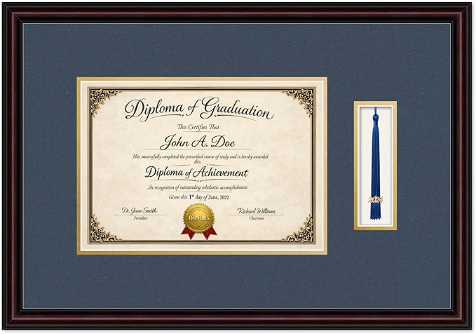 Diploma Frame with Tassel Holder 21.94 x 15.27 Executive Brown Shadowbox Navy Blue Over Gold Mat - Fits 11.69 x 8.27 Degree Made in the USA
