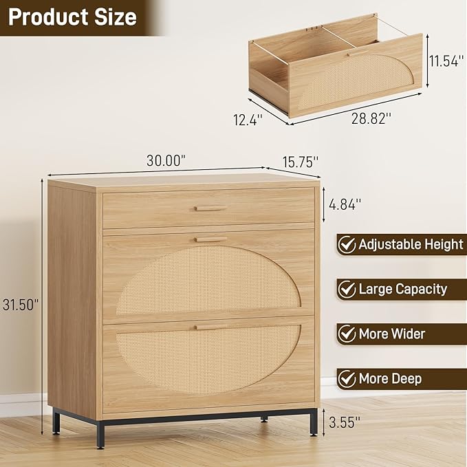 Vabches Lateral File Cabinet with 3 Drawers, Modern Rattan File Cabinet for Legal/Letter/A4 Size Hanging Files, Large Wood Printer Stand Home Office, Natural