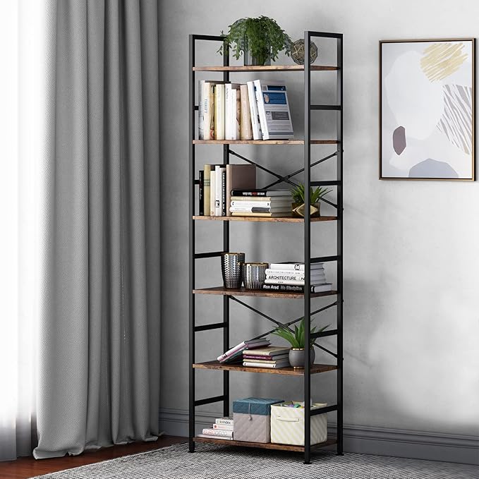 6 Tier Tall Rustic Wood Bookshelf, Metal Frame Standing Bookcase, Open Back Modern Office Bookcases, Industrial Vintage Book Shelf Unit