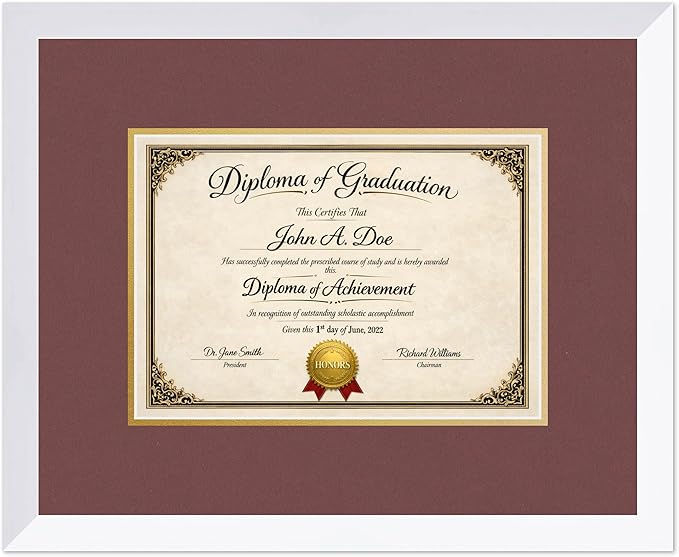 Diploma Frame Bright White with Dark Red Over Gold Double Mat - Fits 11.69 x 8.27 A4 Certificate Wall Display Made in the USA