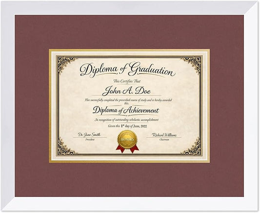 Diploma Frame Bright White with Dark Red Over Gold Double Mat - Fits 11.69 x 8.27 A4 Certificate Wall Display Made in the USA