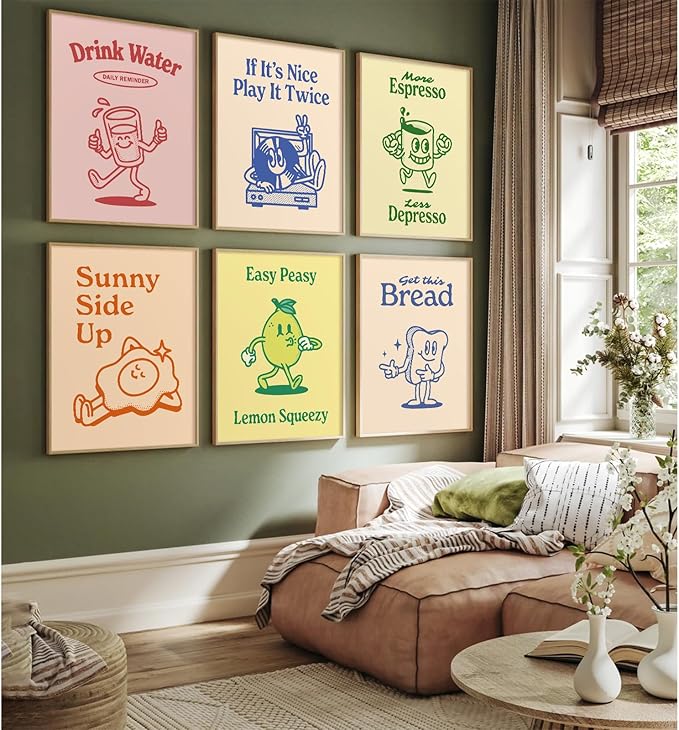 Retro Trendy Wall Art Decor Kitchen Aesthetic Canvas Wall Art Vintage Cute Pictures Funny Green Posters Retro Pink Prints Vintage Gallery Painting Funky Artwork for Room 12x16 Inch Unframed Set of 6