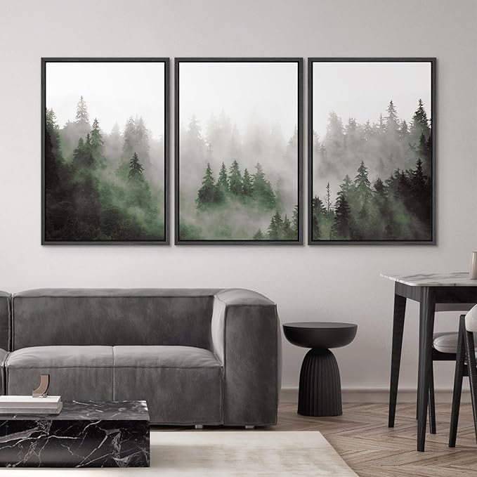 SIGNWIN Framed Canvas Print Wall Art Woodland Nursery Decor Set Fog & Mist Over Green Pine Tree Forest Nature Wilderness Modern Art Chic Landscape for Living Room, Bedroom, Office - 24"x36"x3 Black
