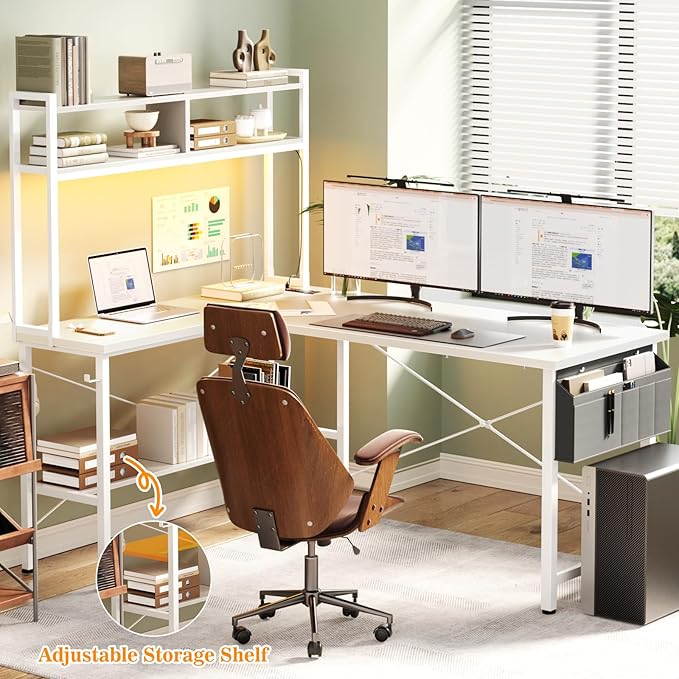 Aheaplus L Shaped Desk Gaming Desk, 59" L Shaped Computer Desk with LED Light & Power Outlet, Reversible Home Office Desk Gamer Desks with Shelves & Storage Bag & Hooks, Corner PC Desk, White
