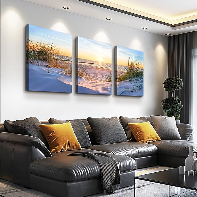 MHARTK66 Large Canvas Wall Art For Bedroom Wall Decor For Living Room Modern Office Pictures Wall Artwork Blue Sun Beach Grass Ocean Landscape Paintings Canvas Art Prints Home Decorations 3 piece