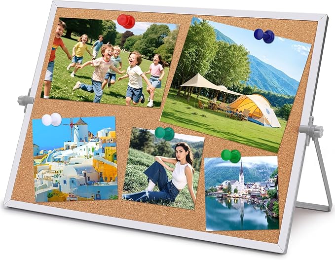 11.81"×15.74" Cork Board Bulletin Board, Double Sided Pin Board with Silver Aluminum Border, Desktop Small Cork Board with Stand Suitable for Home, Office, Desk Message Board or Picture Board