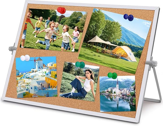 11.81"×15.74" Cork Board Bulletin Board, Double Sided Pin Board with Silver Aluminum Border, Desktop Small Cork Board with Stand Suitable for Home, Office, Desk Message Board or Picture Board