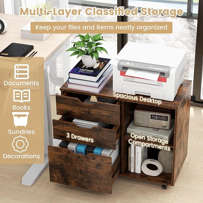 3 Drawer File Cabinet, Wood Lateral Filing Cabinet for Hanging Letter, A4, Legal Size, Rolling Printer Stand with Adjustable Shelf, Under Desk Storage for Home Office (Brown)