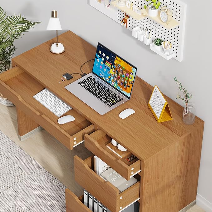Small Desk with Drawers, 52 Inch Computer Desk with Storage, Home Office Desk with Filing Drawer for Bedroom, Brown
