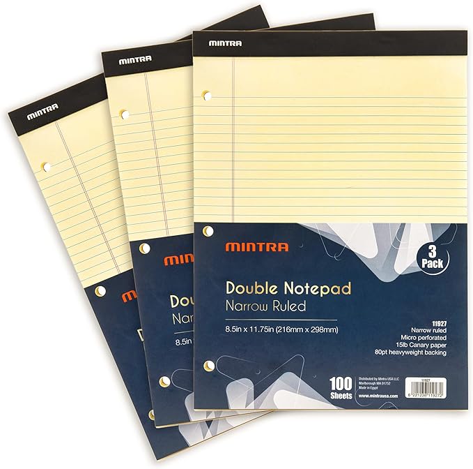 Mintra Office Canary Legal Pads - With Micro-perforated sheets, Smooth-lined paper, Ideal for Office Tasks, Assignments or Notes, Meetings, and Journaling, 3 pack Narrow Ruled, Double Pad, 8.5"x11"