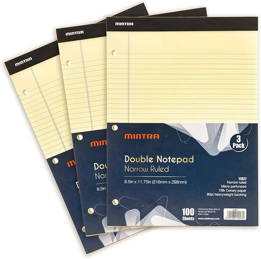 Mintra Office Canary Legal Pads - With Micro-perforated sheets, Smooth-lined paper, Ideal for Office Tasks, Assignments or Notes, Meetings, and Journaling, 3 pack Narrow Ruled, Double Pad, 8.5"x11"