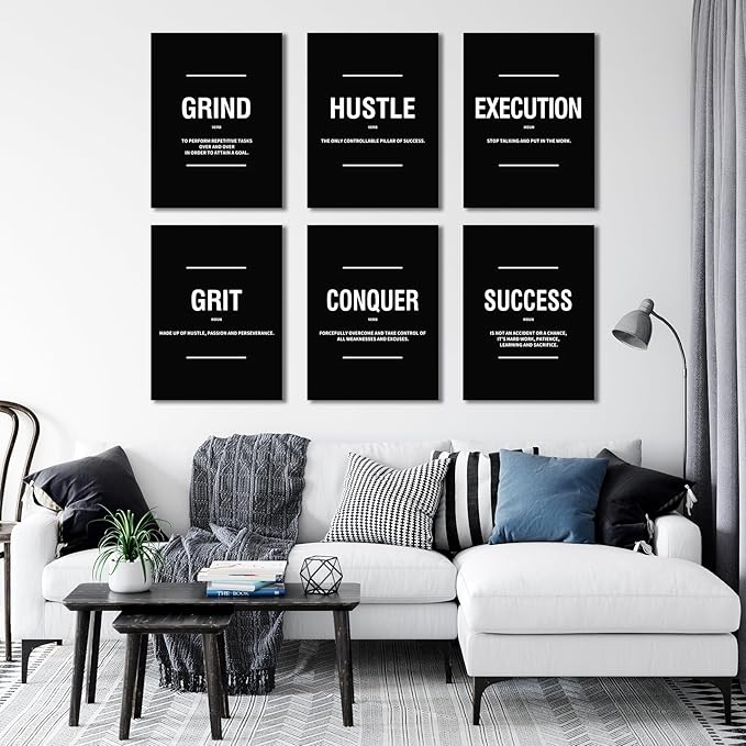 COSCTOR Set of 6 Motivational Wall Art Picture Decor Grind Hustle Execution Grit Conquer Success Canvas Framed for Office Bedroom Inspirational Workplace Posters Black and White Paintings Ready to Hang(Framed,12x16)