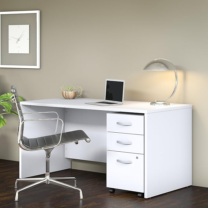 Bush Business Furniture 60W x 30D Office Desk with Mobile File Cabinet, Computer Table and Drawers for Home or Professional Workspace, Studio C Collection, White