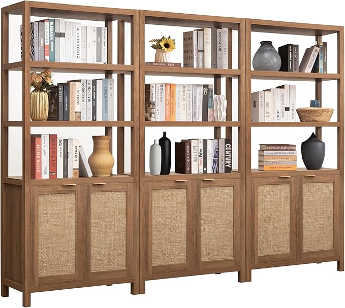 SICOTAS Bookshelf 5 Tier Book Shelf Rattan Boho 71" Tall Bookcase with Doors Storage Shelves Large Bookshelves Farmhouse Bookcases Library Book Case for Living Room Bedroom Home Office Kitchen