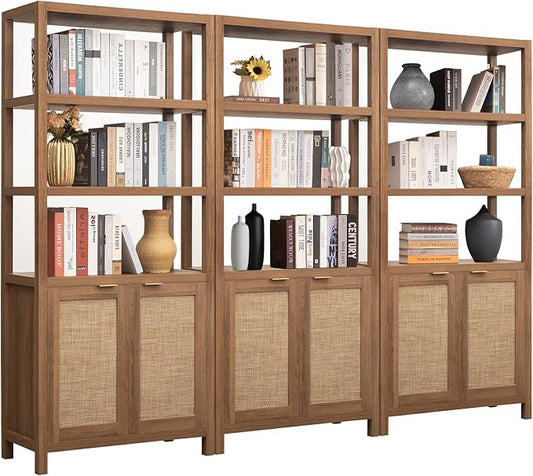SICOTAS Bookshelf 5 Tier Book Shelf Rattan Boho 71" Tall Bookcase with Doors Storage Shelves Large Bookshelves Farmhouse Bookcases Library Book Case for Living Room Bedroom Home Office Kitchen