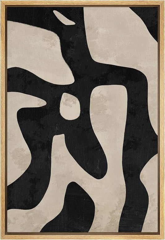 SIGNFORD Framed Canvas Print Wall Art Abstract Fluidity Black and Beige Illustrations Modern Art Decorative Boho Relax/Zen Nordic for Living Room, Bedroom, Office - 16"x24" Natural