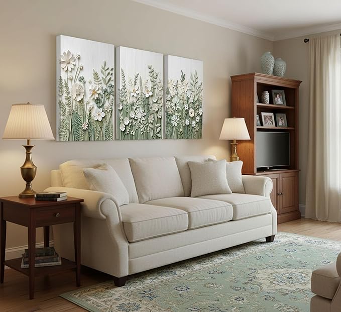 3 Pcs Sage Green Wildflowers Canvas Wall Art Neutral Minimalist Abstract Boho Floral Botanical Painting Pictures Wall Decor Poster Print Artwork for Living Room Bedroom Home Decoration