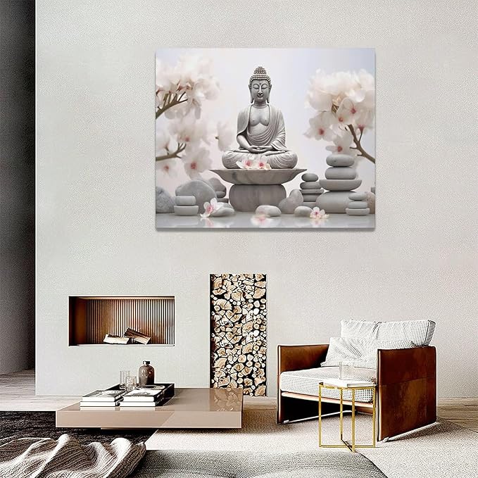 yerretin Buddha Zen Wall Art Buddhist Pictures Wall Decor Blossom Statue Canvas Meditation Painting Modern Artwork Home Decoration for Bathroom Living Room Bedroom Spa Yoga Framed 20"x16"