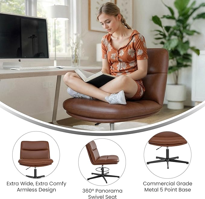Flash Furniture Chloe Commercial Mid-Back Swivel Office Chair, Wide Design, Padded LeatherSoft, Adjustable Height, Ergonomic Mid-Rise Back, Armless, Cognac/Black