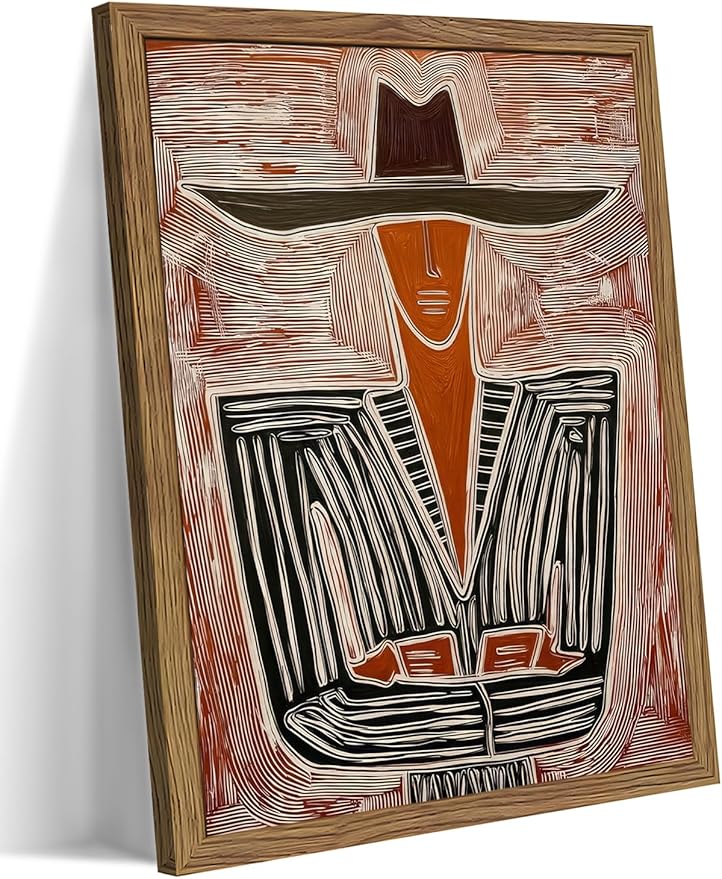 Framed Abstract Cowboy Wall Art, Vintage Western Striped Canvas Wall Decor Painting, Minimalist Southwestern Line Artwork Prints Pictures for Bedroom Living Room 16x24 Inch