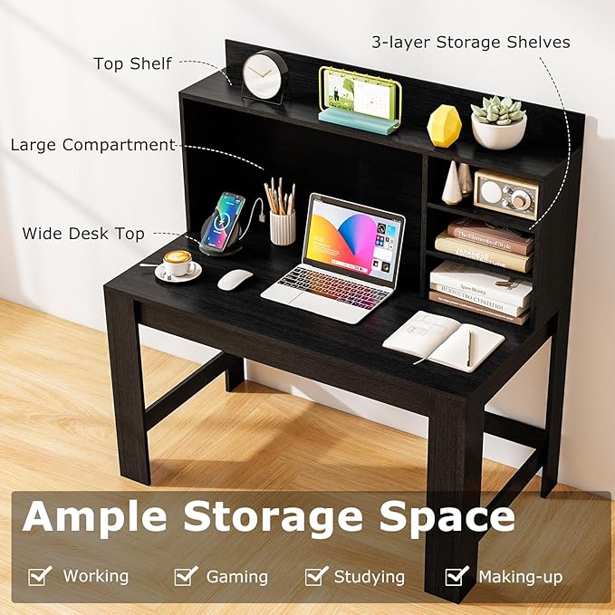 Tangkula Computer Desk with Hutch & Charging Station, Home Office Writing Study Desk with Storage Shelves, Cable Management Hole, Laptop Desk, Desk for Bedroom, Computer Workstation (Black)
