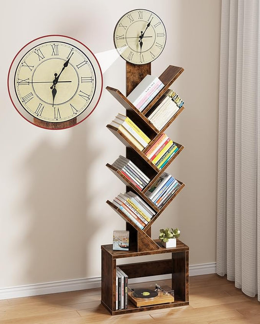 7 Tier Tree Bookshelf with Clock and Storage Cabinet, Small Narrow Floor Standing Bookcase for Bedroom, Living Room, Home Office, Rustic Brown
