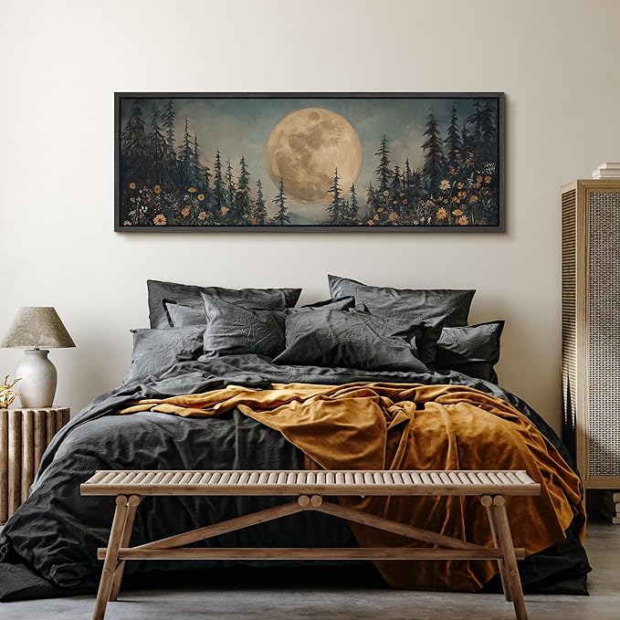 SIGNFORD Large Framed Canvas Moonlit Forest with Wildflowers Mystical Illustrations Modern Art Calm Warm for Living Room, Bedroom, Office - 60"x20"
