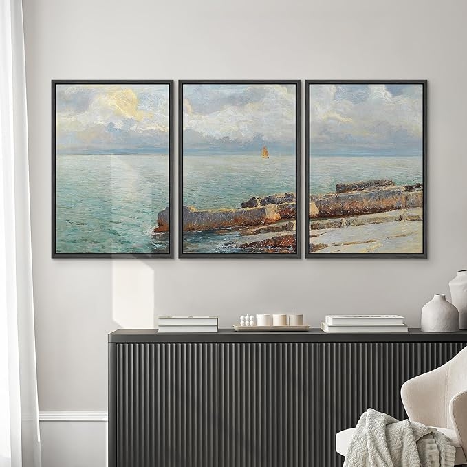 SIGNWIN Framed Canvas Print Wall Art Set Coastal Seascape Classic Ocean View with Sailboat and Rocky Shoreline Illustrations Modern Art Decorative for Living Room, Bedroom, Office - 24"x36"x3 Black