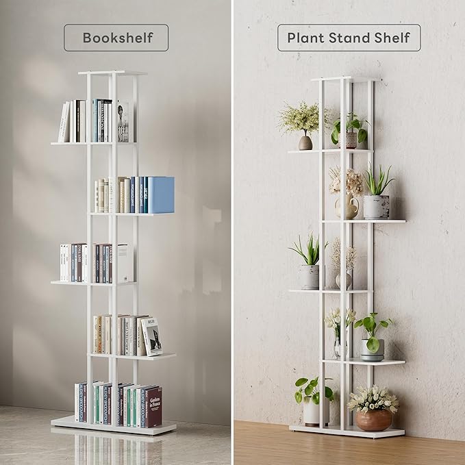6 Tier Corner Bookshelf，Slim Open Bookshelf，Small Book Shelf for Small Spaces，Living Room, Home Office, 9.45 x 20.8 x 62.2 Inches,（1PC+White