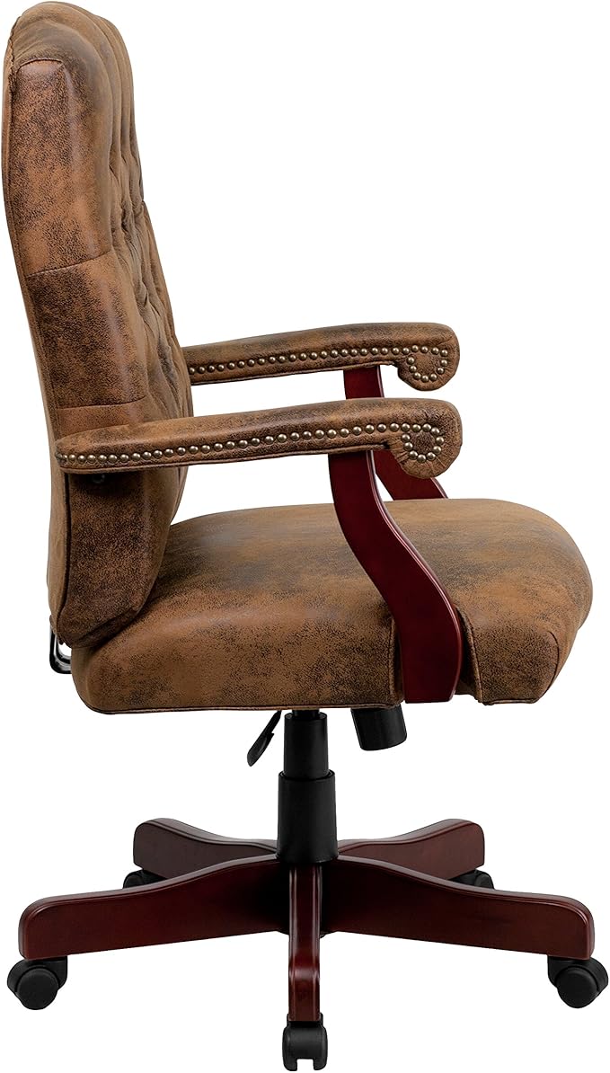 Flash Furniture Derrick Traditional Microfiber Tufted Swivel Office Chair with Wood Base, Ergonomic Farmhouse High-Back Desk Chair, Bomber Brown
