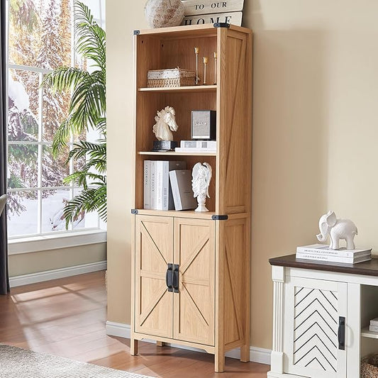 71" Tall Bookshelf, 5 Tier Bookcase with Adjustable Shelves and Barn Doors,Natural Wood Farmhouse Bookshelf with Storage Cabinet,Wood Freestanding Display Bookshelves for Bedroom,Living Room