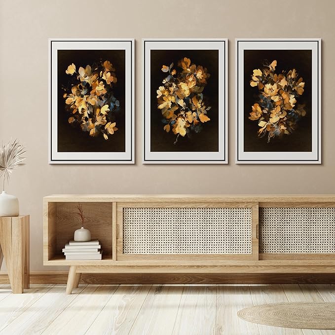 SIGNFORD Framed Wall Art Print Set Golden Blossom Watercolor Floral Warm Botanical Digital Art Modern Art Contemporary for Living Room, Bedroom, Office - 16"x24"x3 WHITE