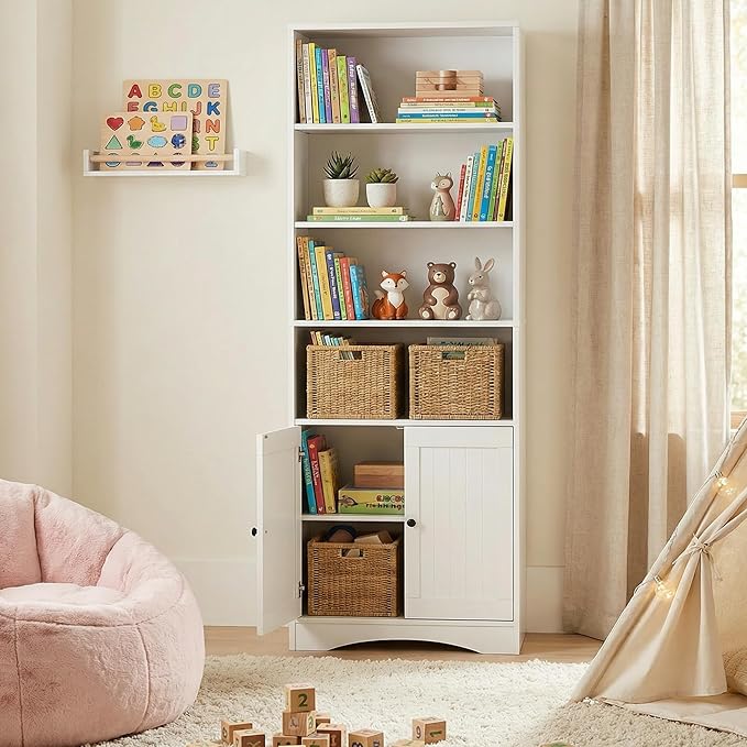 Gizoon Bookshelves and Bookcases with Doors, 6-Shelf Bookcase, Floor Standing Display Storage Shelves, 71” Tall Bookcase, with Adjustable Shelves, for Home, Office, Living Room, Bedroom, White