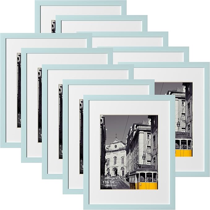 eletecpro 11x14 Picture Frames Set of 10, Picture Frame Collage Wall Decor Display 8x10 Photo with Mat or 11x14 without Mat, Home Decor Gallery Wall Frame for Wall Mounting, Sky Blue