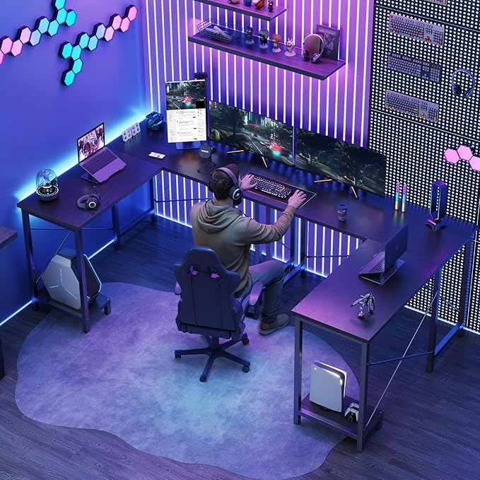 DUMOS L Shaped Desk, Computer Gaming Desks Corner Office Table with CPU Shelf for Home Study Writing Work Station 50 Inch, Black