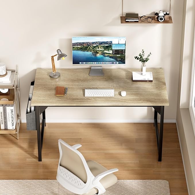 Furmax Computer Desk 48 Inch Small Office Desk with Storage Bag & Headphone Hook, Workstation for Home Office, Modern Writing Study Table (Oak)