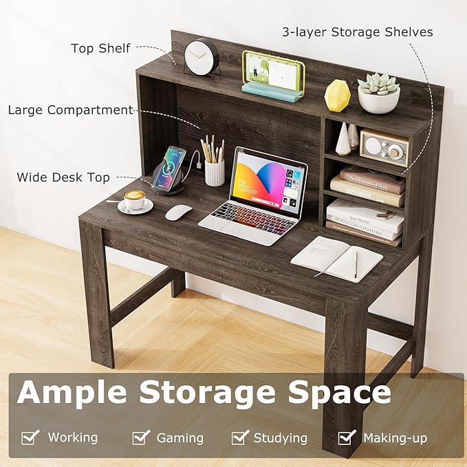 Tangkula Computer Desk with Hutch & Charging Station, Home Office Writing Study Desk with Storage Shelves, Cable Management Hole, Laptop Desk, Desk for Bedroom, Computer Workstation (Gray Oak)