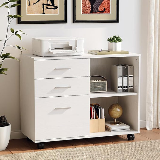 VINGLI 3 Drawer Wood Lateral File Cabinet with Adjustable Shelves & Locking Wheels, Printer Stand with Drawers for Letter Size Files, Sturdy White File Cabinets for Home Office, Study & Business