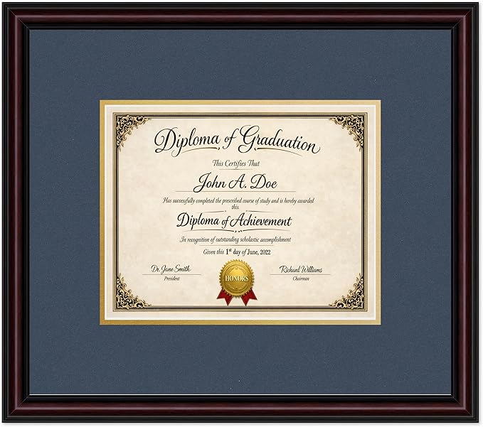 Diploma Frame Executive Brown with Navy Blue Over Gold Double Mat - Fits 10 x 8 Professional License Wall Display Made in the USA