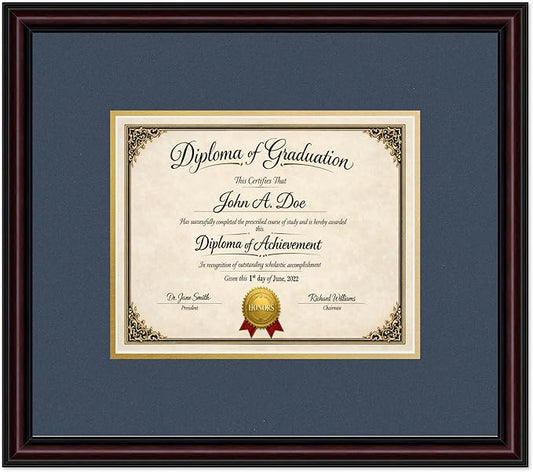 Diploma Frame Executive Brown with Navy Blue Over Gold Double Mat - Fits 10 x 8 Professional License Wall Display Made in the USA