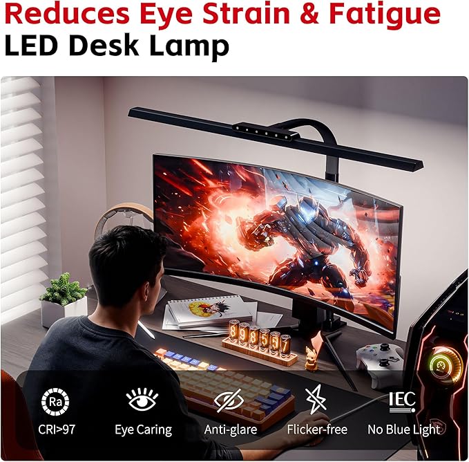 Architect Desk Lamp with Clamp, Eye-Caring Clip on Desk Lights for Home Office, Touch Control Dimmable LED Computer Light with Color Changing, 24W Bright Desktop Lamp for Drawing Crafts, Black