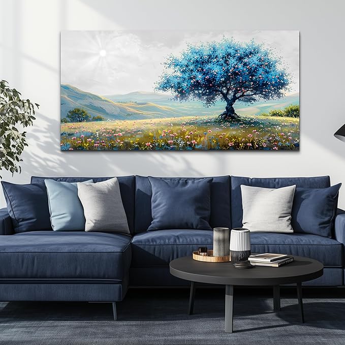 FUHAIHUA Canvas Wall Art For Living Room Modern Wall Decor For Bedroom Office Wall Decoration Pastoral Landscape Painting Blue Tree Pictures Artwork Ready To Hang Room Aesthetic Home Decor 20x40 In