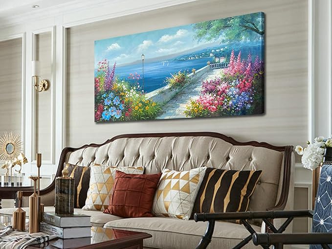 Arjun Blue Landscape Canvas Wall Art for Living Room Ocean Coastal Mediterranean Painting Bedroom, Extra Large Hand Painted Picture Garden Flower Artwork Framed Home Office Wall Decor 58"x29"