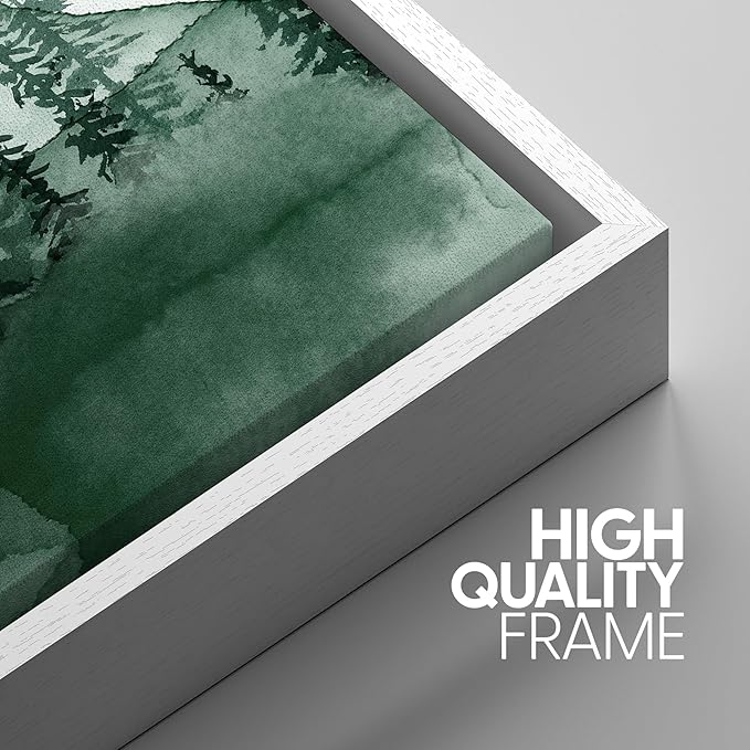 SIGNWIN 3 Piece Framed Canvas Wall Art Green Watercolor Landscape with Moon Nature Wilderness Illustrations Abstract Traditional Home Artwork Decoration for Living Room,Bedroom - 16"x24"x3 White